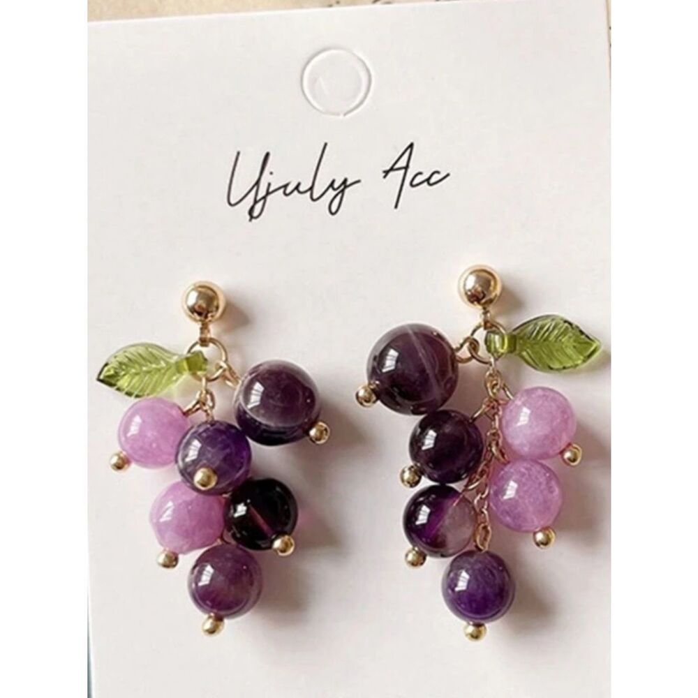 Purple & Pink natural stone Grape Drop Earrings R 567